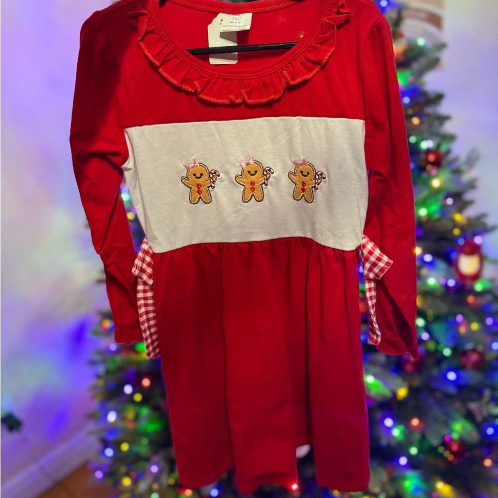 Red Long Sleeve Dress with Gingerbread Design